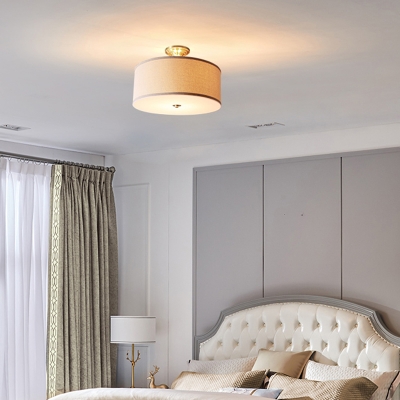 Fabric Flaxen Ceiling Light Fixture Drum Shaped Rustic Semi Flush Mount Lamp for Bedroom