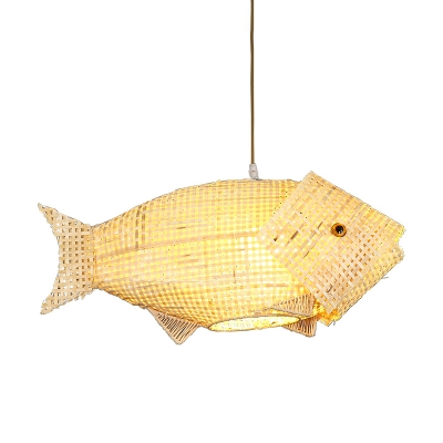 Fish Shaped Ceiling Suspension Lamp Asia Bamboo 1-Light Restaurant Pendant Light in Beige