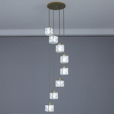 Frosted Glass Cube Hanging Lamp Contemporary 8-Light Gold Multi Pendant Light Fixture