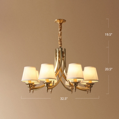 Gold Cone Chandelier Traditional Fabric Living Room Suspension Lighting with Curved Arm
