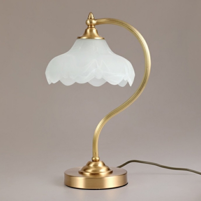 Gold Gooseneck Table Lamp Vintage Metal 1 Head Bedside Night Light with Floral Frosted Glass Shade