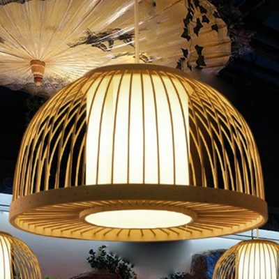 Hand-Worked Restaurant Hanging Light Bamboo Single Asian Pendant Light Fixture in Wood