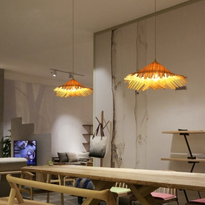 Hat Shaped Restaurant Ceiling Light Bamboo 1 Head South-East Asia Pendant Lighting in Beige