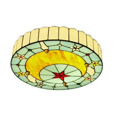 Mediterranean Round Flush Mount Lighting Tiffany Glass Ceiling Light with Moon Pattern in Blue