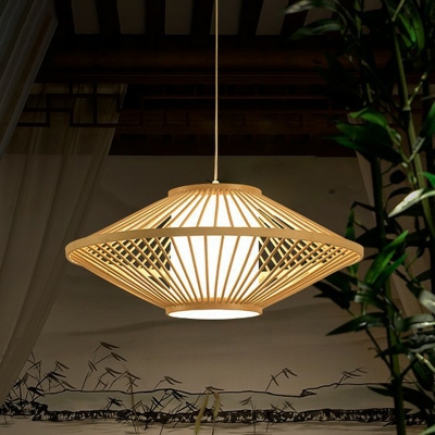 Modern Style Saucer Hanging Lamp Bamboo Single-Bulb Restaurant Ceiling Pendant Light in Wood
