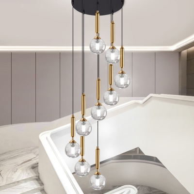 Spiral Stairway Cluster Pendant Clear Ball Glass 9-Light Modern Hanging Light Fixture
