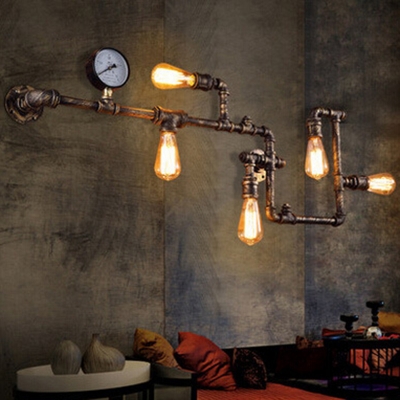 Water Pipe Bar Wall Light Industrial Iron 5 Heads Bronze Finish Sconce Lamp with Gauge Deco