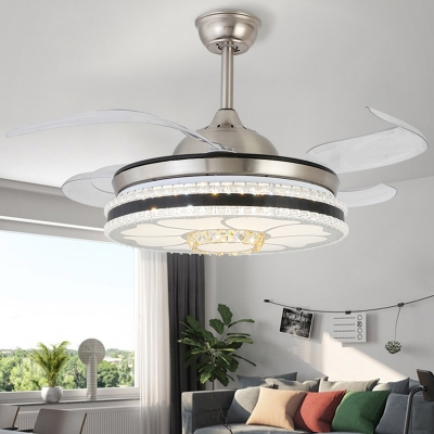 4-Blade Round Battery Ceiling Fan Light Modern Crystal Nickel Finish LED Semi Flush Light, 42