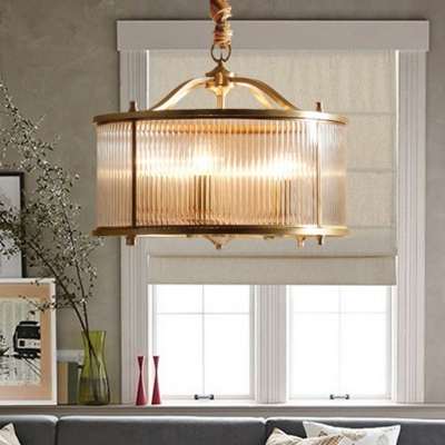 5-Light Drum Pendant Chandelier Traditional Gold Clear Ribbed Glass Hanging Lamp for Dining Room