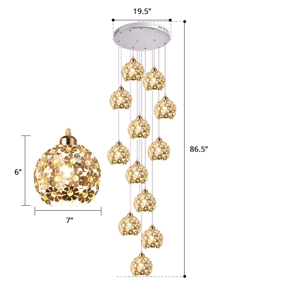 Aluminum Flower Ball Pendant Lamp Modernist 12-Bulb Gold Multi Ceiling Light with Crystal Accents