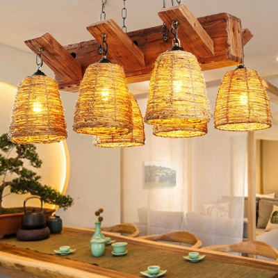 Asian Bell Shaped Island Light Rattan Living Room Hanging Ceiling Light in Brown