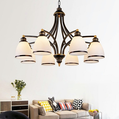 Bell Shade Chandelier Country Style Gold-Black Ivory Glass Hanging Light for Bedroom
