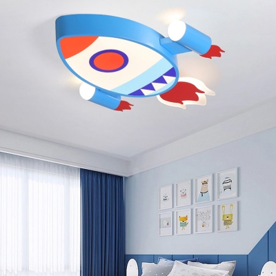 Blue Rocket Flushmount Light Cartoon LED Iron Ceiling Flush Light for Kids Bedroom