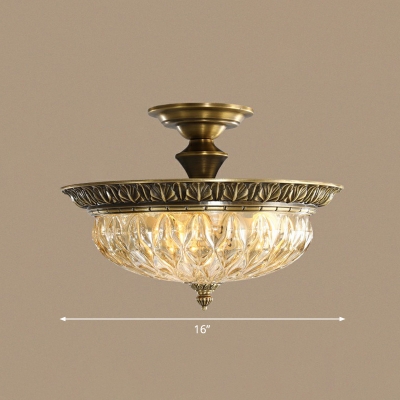 Bronze Bowl Shaped Flush Light Antique Clear Crystal Glass Corridor Semi Flush Ceiling Light