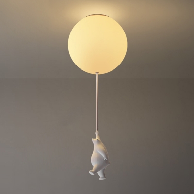 Cartoon 1-Light Ceiling Fixture White Bear and Balloon Flush Mount Light with Cream Glass Shade for Nursery