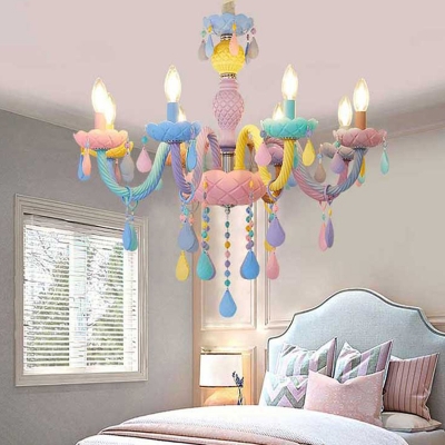 Colorful Glass Candlestick Chandelier Childrens Pink Suspension Light for Bedroom