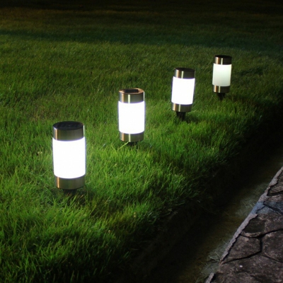 Cylindrical Patio Solar Lawn Light ABS Modern Style LED Pathway Lamp with Stake in Black