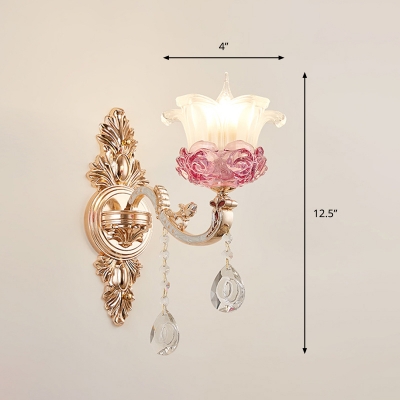 Flower Wall Mount Lighting Retro Gold Frosted Glass Sconce Lamp with K9 Crystal Drops