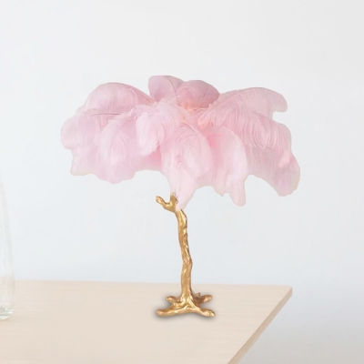 Gold-Pink Palm Tree Table Lamp Art Deco 1-Light Feather Night-Stand Light for Bedroom