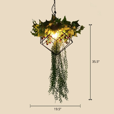 Iron Wire Cage Pendant Lighting Decorative 1-Bulb Hanging Light with Flower and Vine Decor