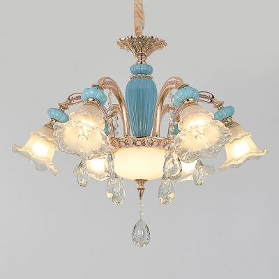 Light Blue Flower Chandelier Transitional Frosted Glass Living Room Ceiling Light with Crystal Decor