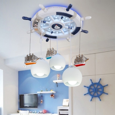 Metal Rudder Ceiling Lighting Kids 3-Light Semi Flush Light with Ship Deco and Dome Milk Glass Shade