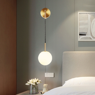 Minimalist Ball Wall Hanging Light Ivory Glass 1-Light Bedside Wall Light Fixture