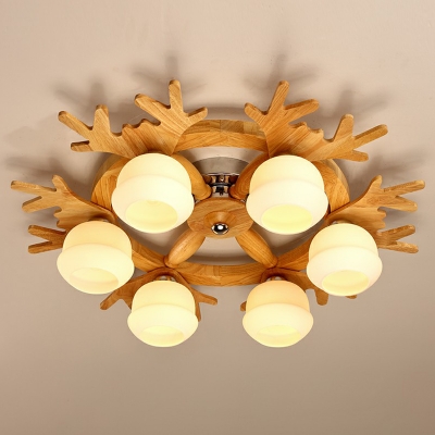Opaline Glass Flowerbud Flush Mount Lighting Nordic Style Semi Flush Ceiling Light with Wood Antler Decor