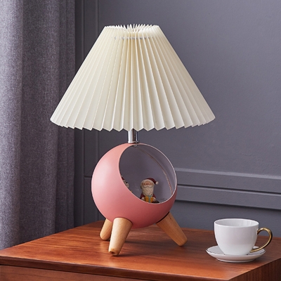 Pleated Fabric Tapered Nightstand Light Childrens 1-Bulb Table Lamp with Tripod Dome Nest and Figurine Decor