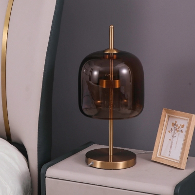 Postmodern Single Table Light Brass Bell Nightstand Lamp with Cognac Glass Shade