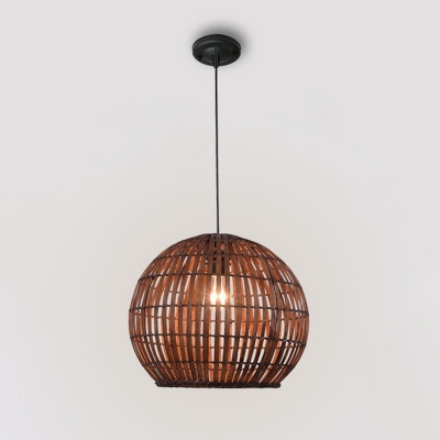 Simplicity Spherical Pendulum Light Bamboo Veneer 1 Bulb Tearoom Pendant Ceiling Lamp