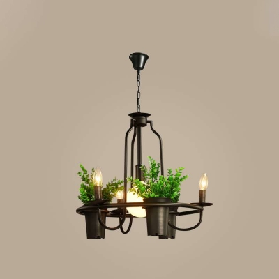 3 Lights Exposed Bulb Chandelier Industrial Black Metal Pendant Light with Artificial Bonsai