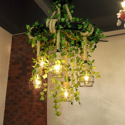 Ball Cage Restaurant Chandelier Industrial Iron 6-Light Hanging Light with Imitation Plant