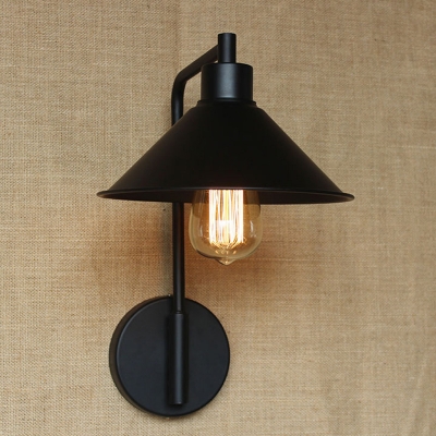 Black Cone Wall Lamp Vintage Iron 1 Bulb Bedside Wall Mount Lighting with Right Angle Arm