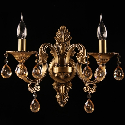 Bronze Finish Candle Wall Lamp Fixture Traditional Metal 2-Light Dining Room Sconce with Crystal Drip