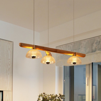 Clear Lattice Glass Bowl Island Lamp Modern 3-Head Wood Suspended Lighting Fixture