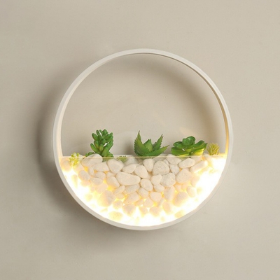 Decorative Loop Shaped LED Wall Lamp Metal Bedside Wall Sconce with Pebbles and Fake Succulents Decor