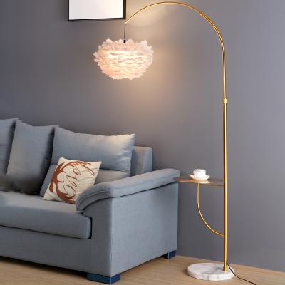 Dome Bedside Floor Lighting Feather 1 Bulb Modern Stand Up Lamp with Tray and Fishing Rod Arm