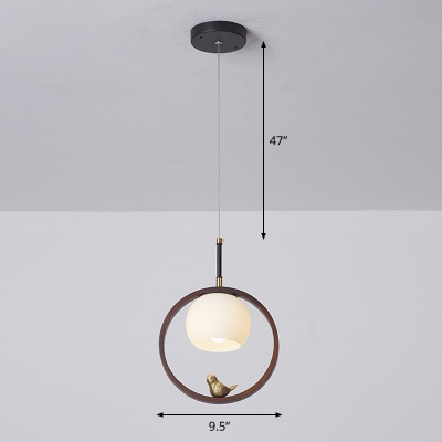 Dome Milky Glass Pendant Lighting Nordic 1 Head Hanging Light with Bird and Wood Ring