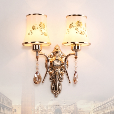 Flared Bedside Wall Lamp Traditional White Glass Gold Finish Sconce Light with Crystal and Flower Pattern