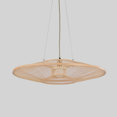 Flying Saucer Bamboo Pendant Lighting Asian 1 Head Wood Ceiling Hang Lamp for Living Room