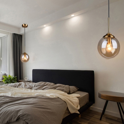 Glass Spherical Hanging Light Fixture Postmodern Single-Bulb Brass Drop Pendant for Living Room