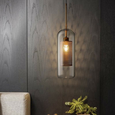 Gold Mesh Pendant Lamp Minimalist Single Metal Hanging Light with Clear Glass Shade