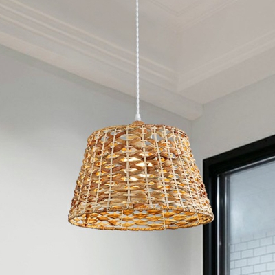 Hand-Twisted Cage Pendant Lamp Asia Rattan 1 Bulb Restaurant Suspension Light in Wood