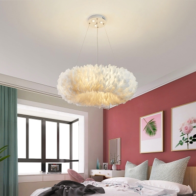 Hand-Woven Circular Feather Chandelier Minimalist White Pendant Light Fixture for Bedroom