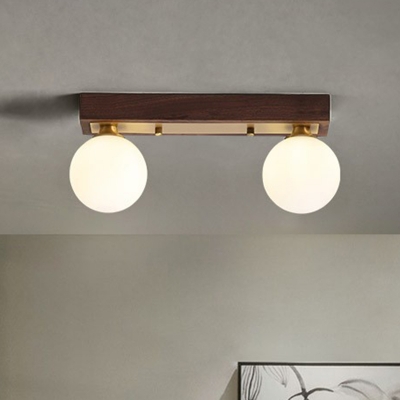 Linear Wooden Ceiling Mounted Light Simplicity Semi Flush Mount with Ball White Glass Shade