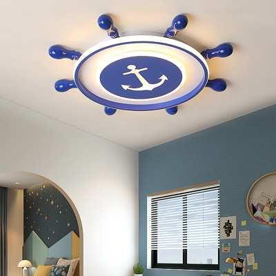 Marine Rudder Kids Bedroom Flush Light Acrylic Mediterranean LED Ceiling Mount Fixture in Blue
