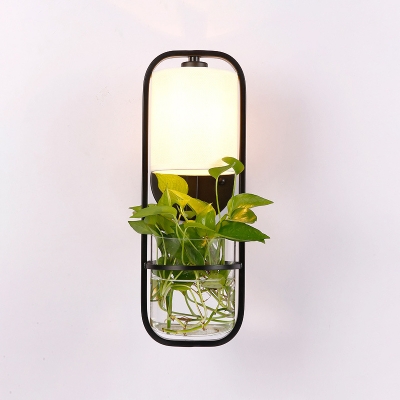 Metal Black Wall Light Rectangular 1 Head Nordic Sconce Fixture with Cylindrical Fabric Shade and Glass Pot Plant