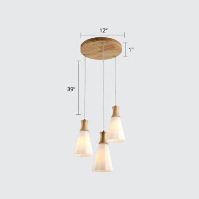 Nordic 3-Light Cluster Pendant Wood Hexagonal Pyramid Hanging Light with Frosted Glass Shade