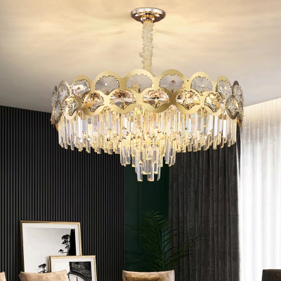 Round K9 Crystal Rod Suspension Lamp Simplicity White-Gold Chandelier for Living Room